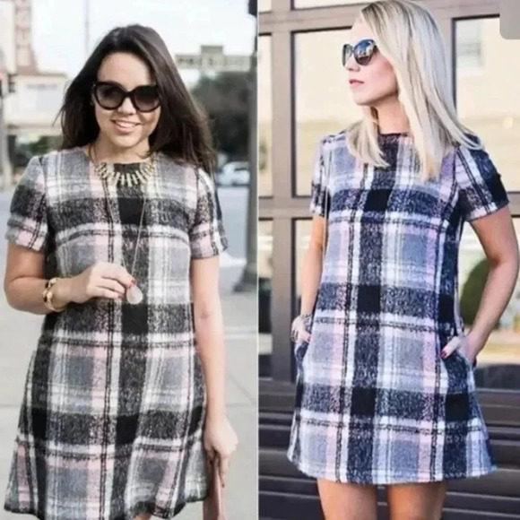 LINE & DOT | Anthropologie frontier plaid dress in black and pink - Picture 1 of 6